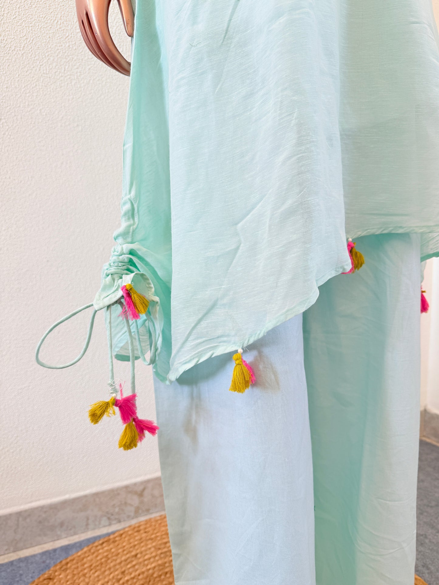 Mul chanderi Kurta Pant Set with Hand Work