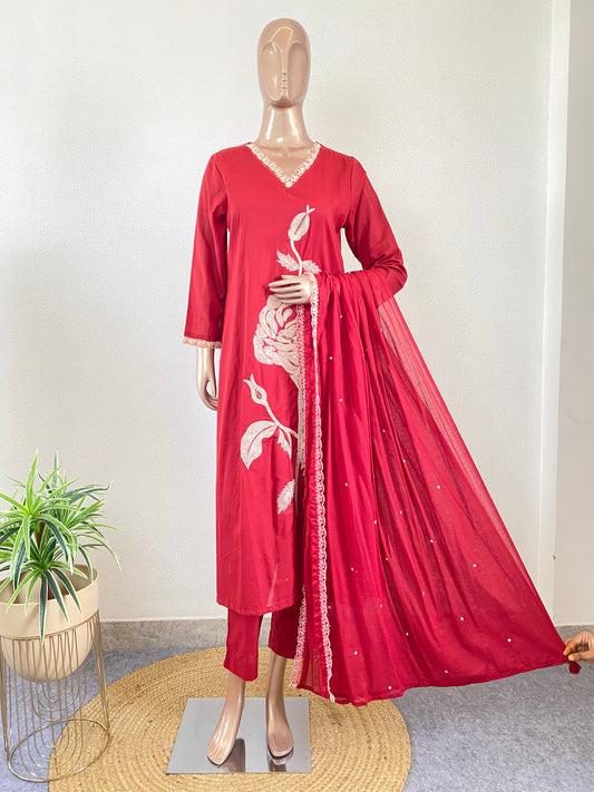 Embroidered Silly Cotton Suit Set with Mul Dupatta