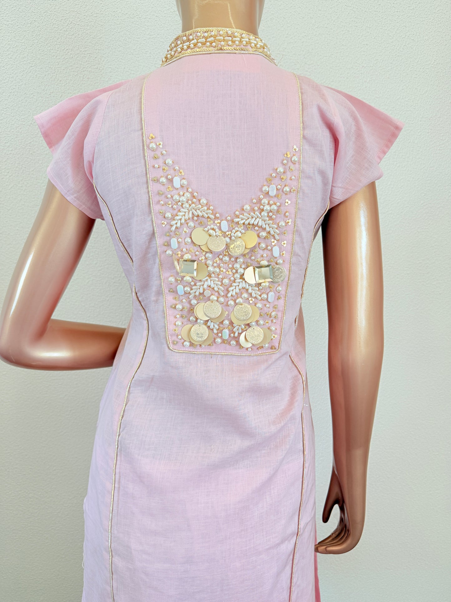Pastel Pink Cap Sleeve Straight Kurti with Mirror-Embellished Panel and Trousers