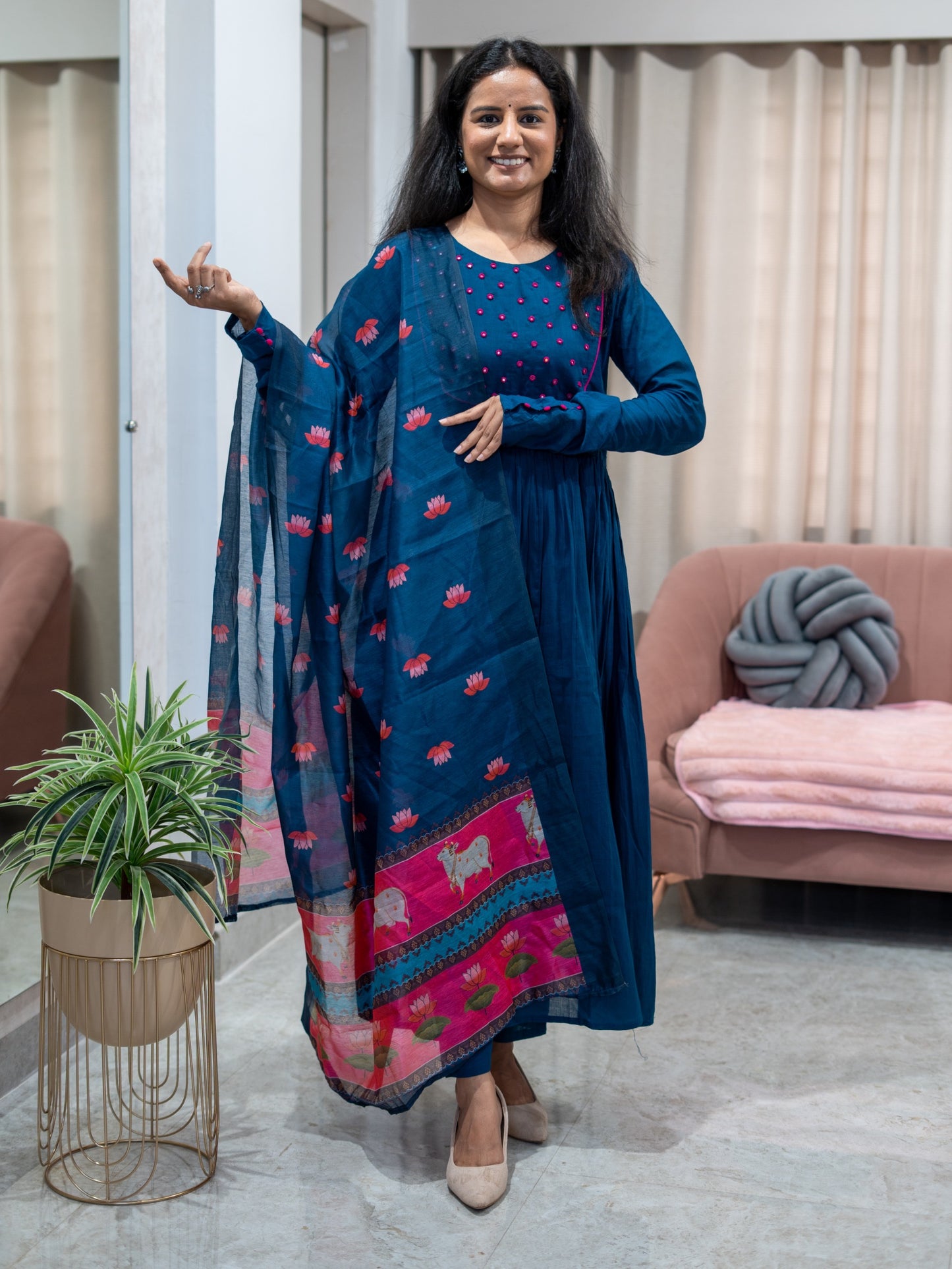 Cotton Frock Suit with Mirror Work Pichwai Print Chanderi Dupatta