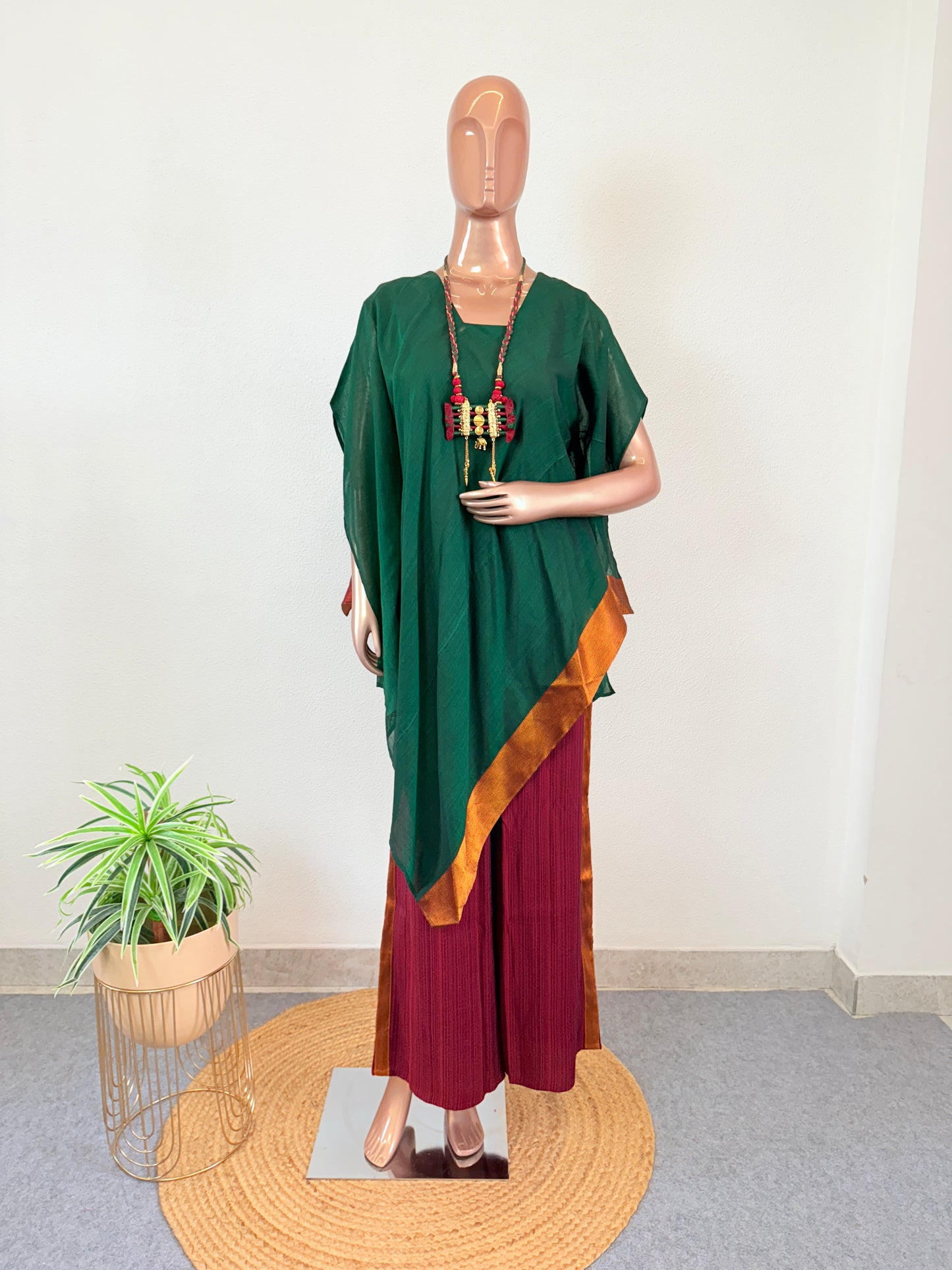 South Cotton Kaftan And Pant Set- Green