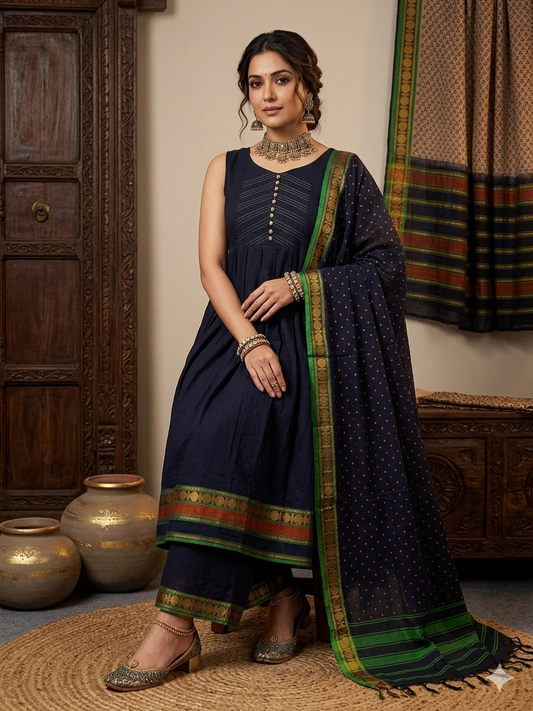 Mangalgiri south Cotton Suit Set with Golden Zari Borders