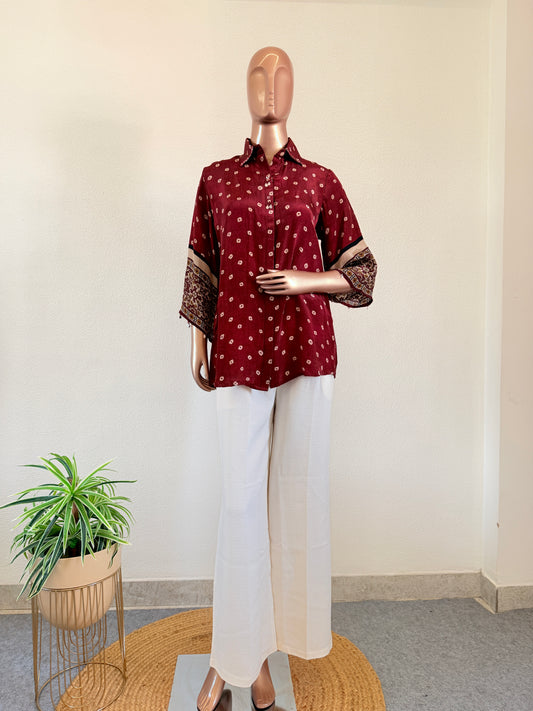 Muslin Bandhani Shirt  - Red