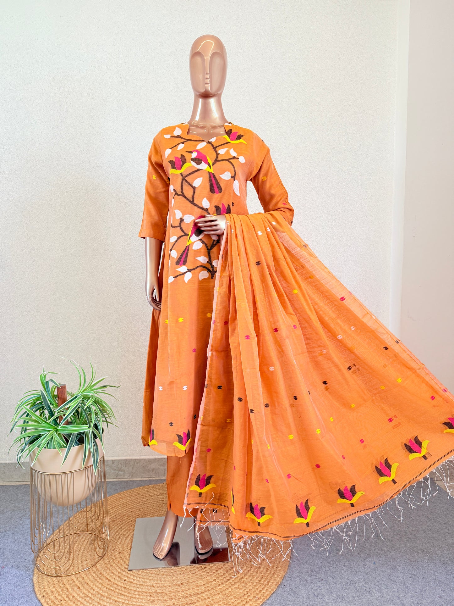 Jamdani A Line Suit Set with Scalloped Neckline- Orange