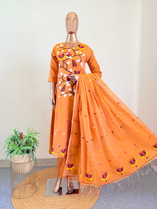 Jamdani A Line Suit Set with Scalloped Neckline- Orange