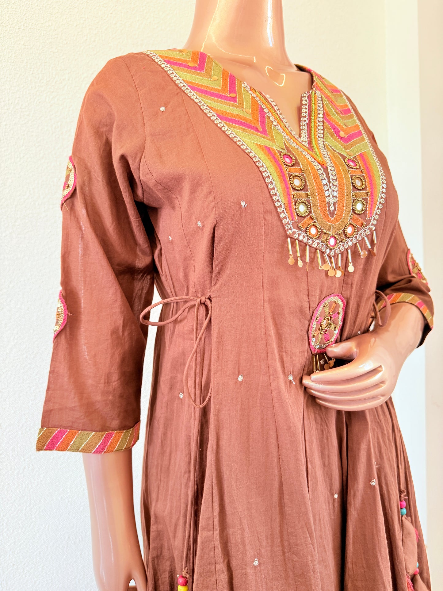 Mul Cotton Frock Suit with Heavy Neck Work - Brown