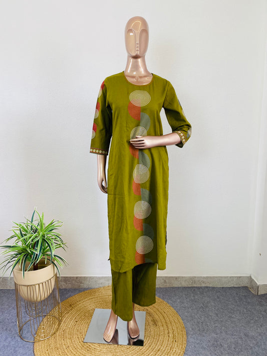 Cotton Flex Kurta Pant Set with Circular Prints - Green