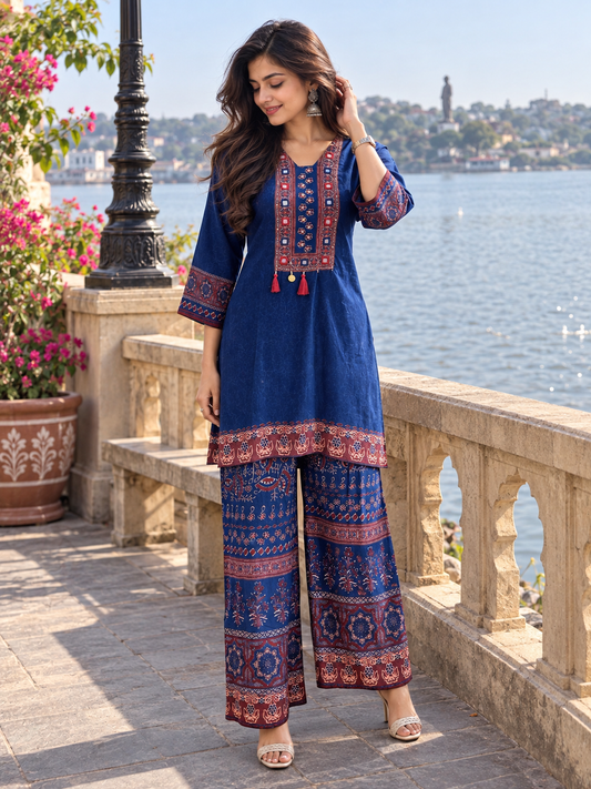 Mirror Work & Tassel Detailing Pure Crepe Tunic & Trouser Co-Ord Set