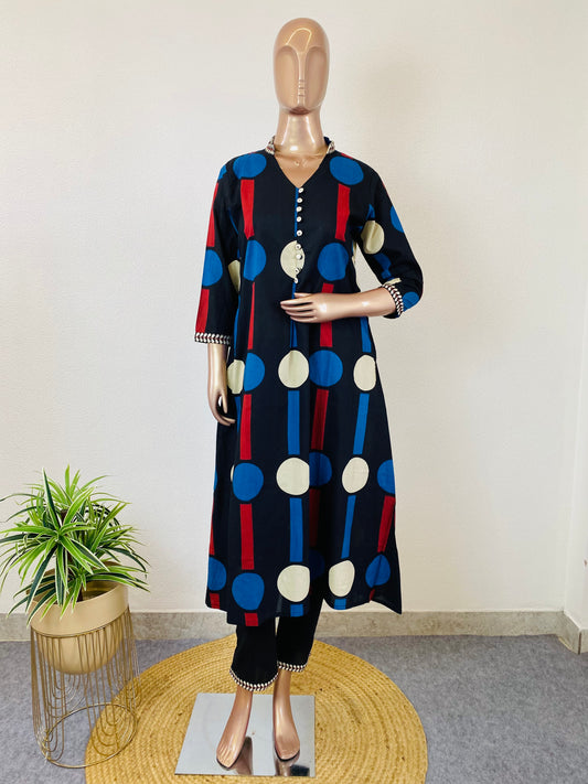 Geometric Print Cotton A-line Kurta Pant Set