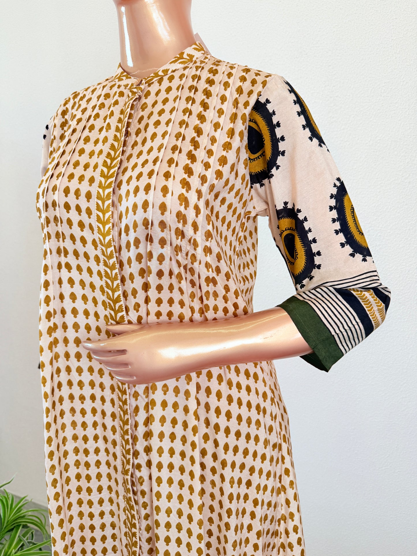 Muslin Block-Print Kurta Pant with Mandarin Collar