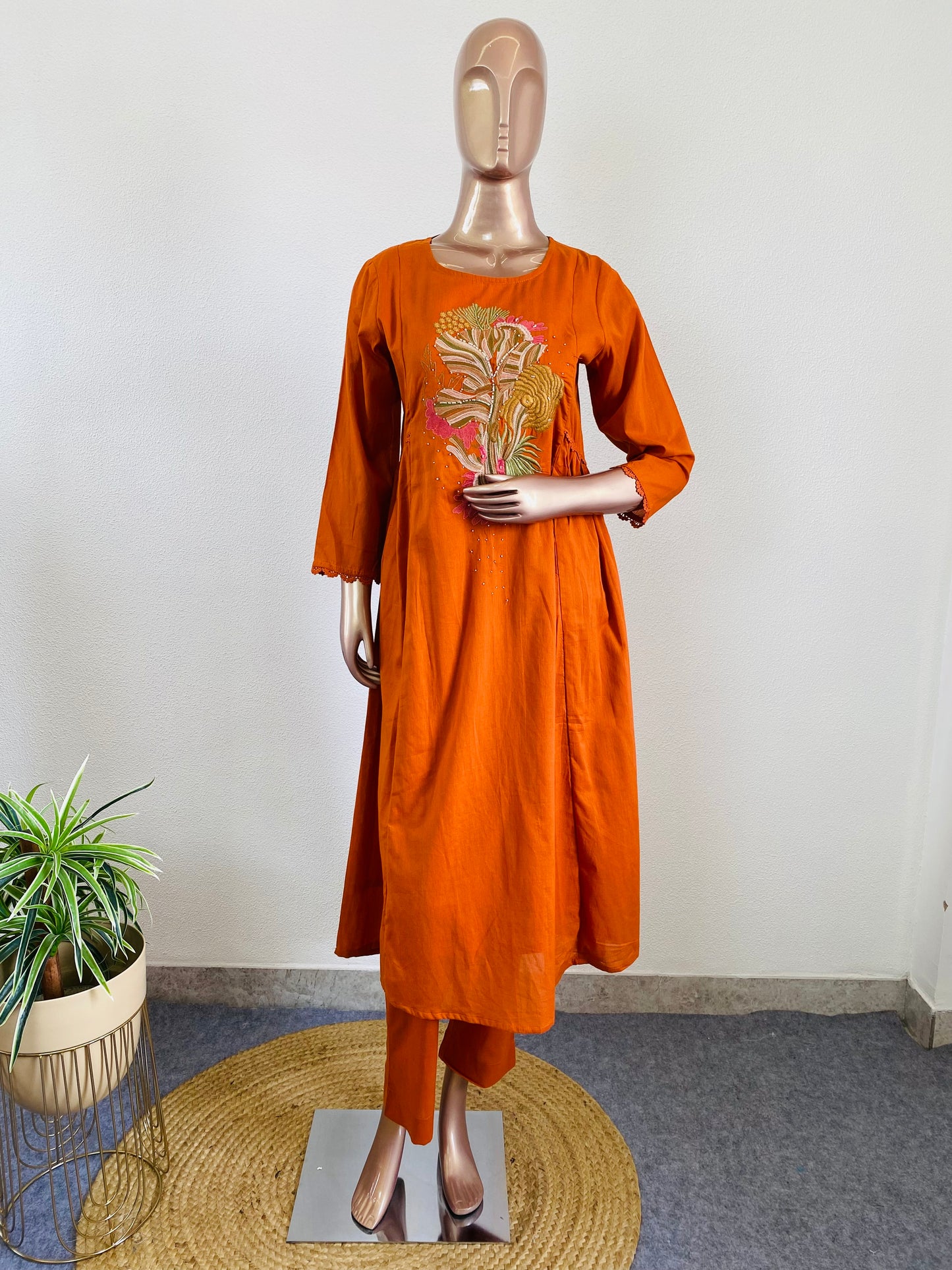Embroidered Silly Cotton A-line Suit Set - Rust