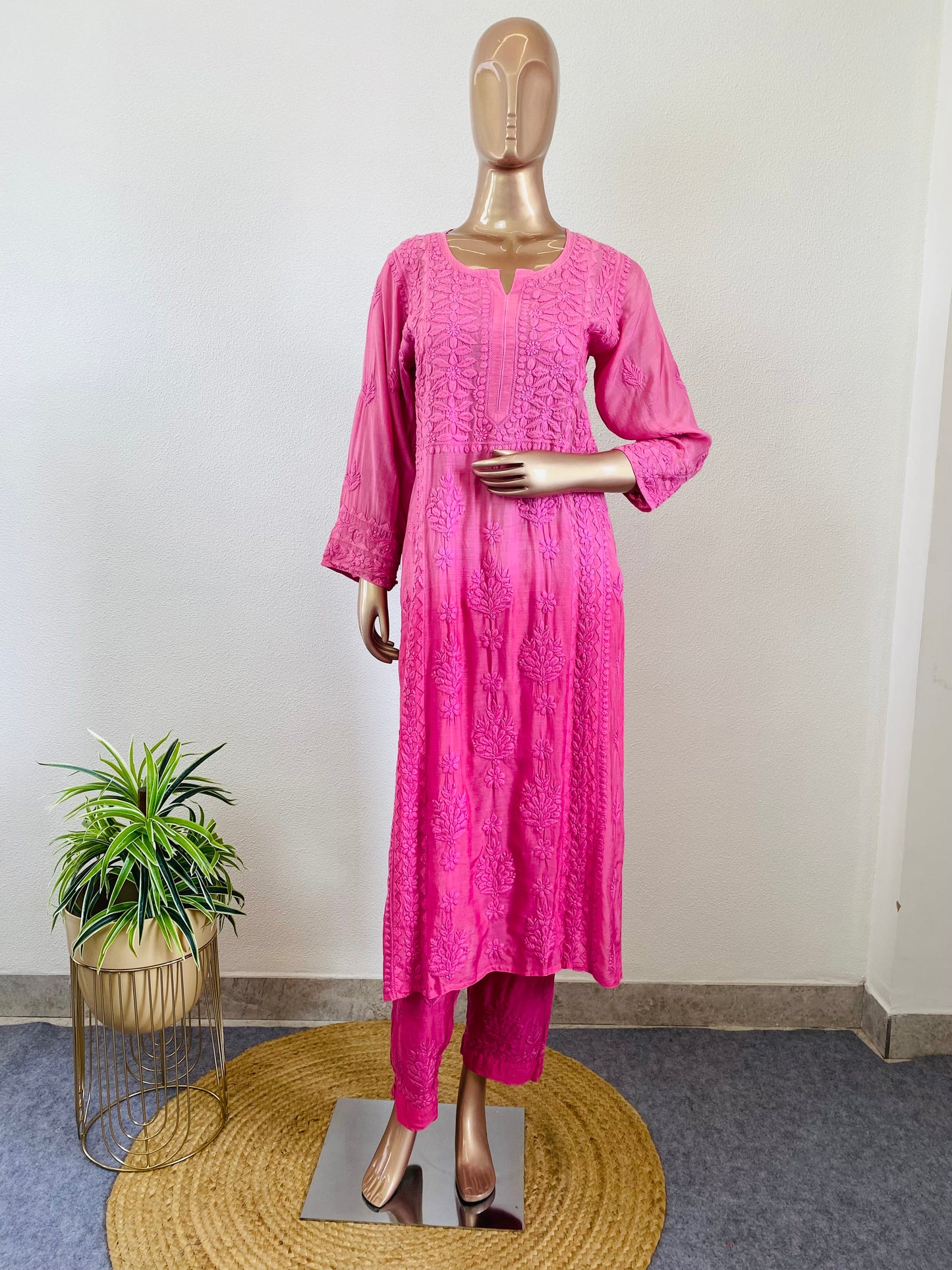 Muslin Ombre Chikankari Kurta Pant Set- Pink