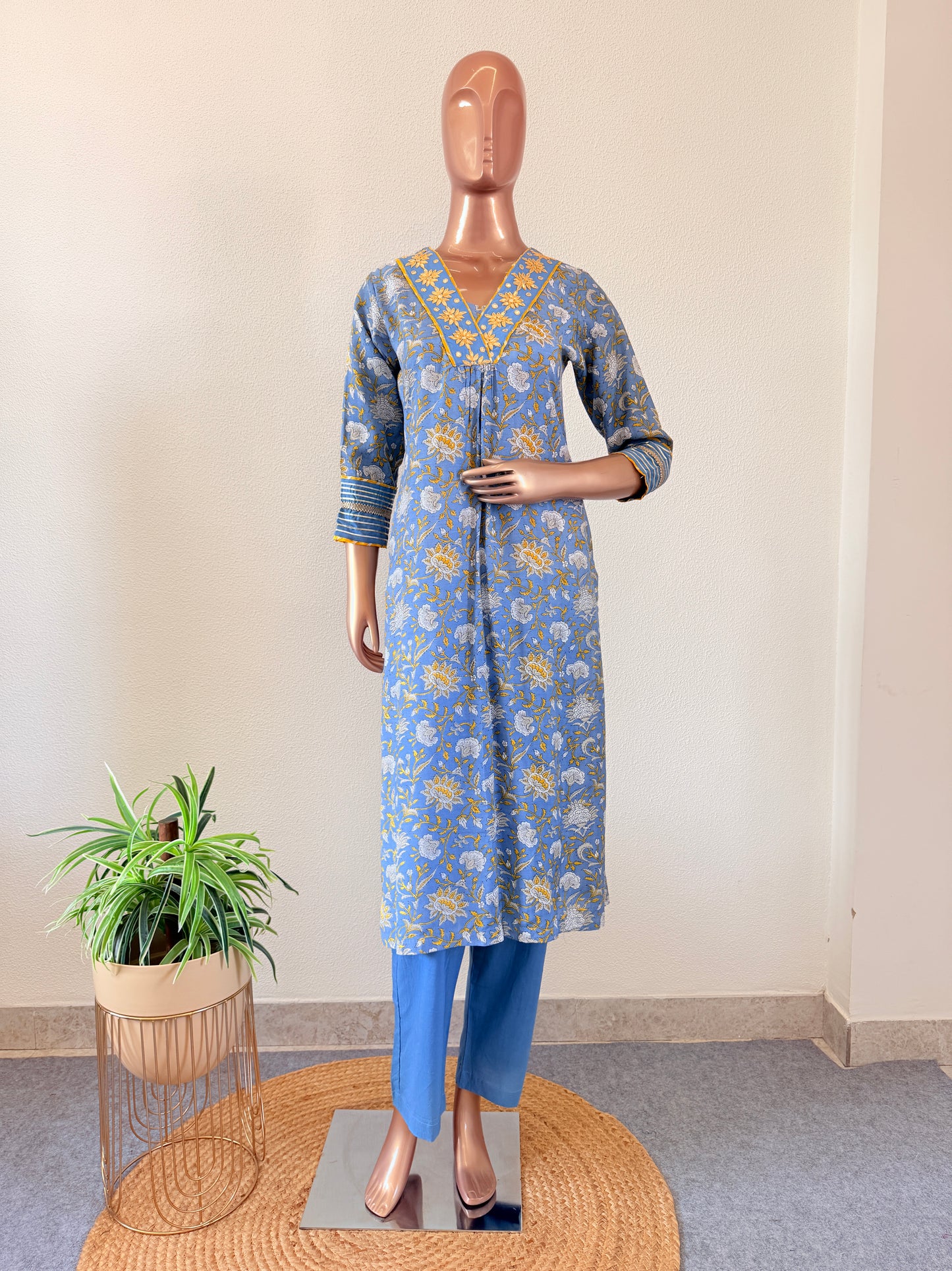 Muslin Hand Block Suit Set with Kota Doria Lehriya Dupatta