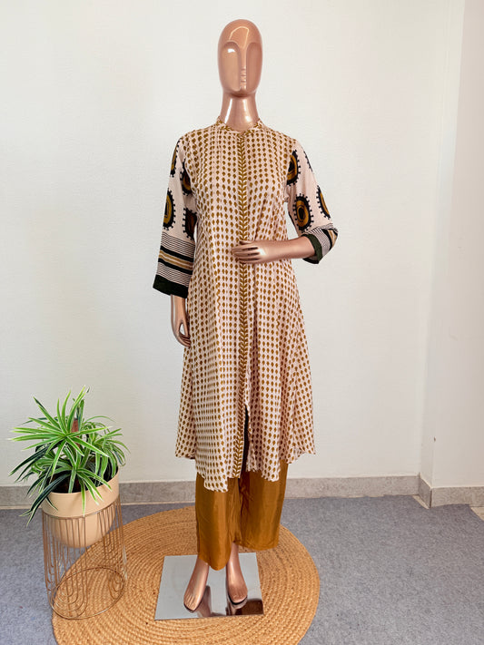Muslin Block-Print Kurta Pant with Mandarin Collar