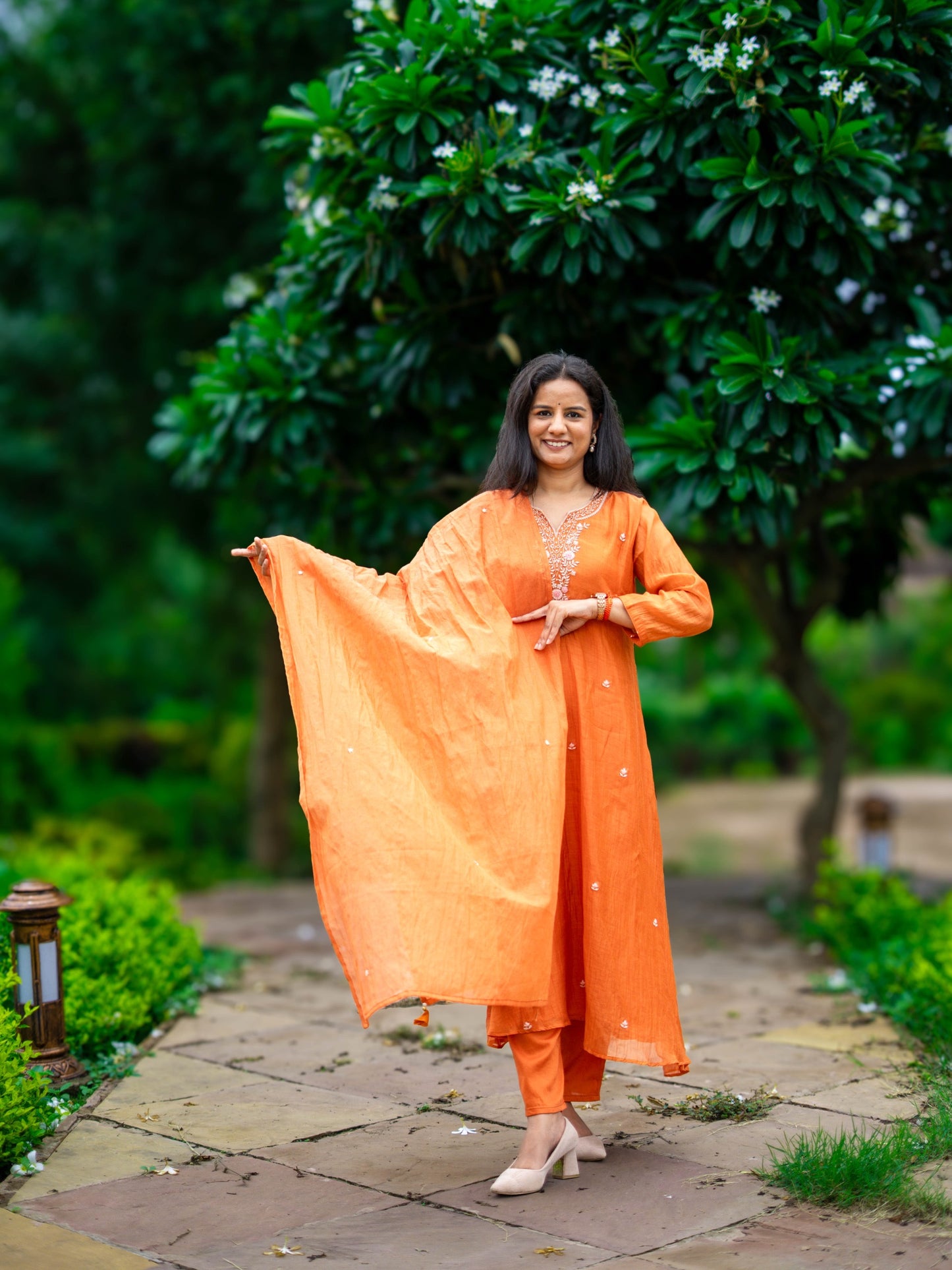 Zardozi Work Mul Chanderi Suit Set - Orange