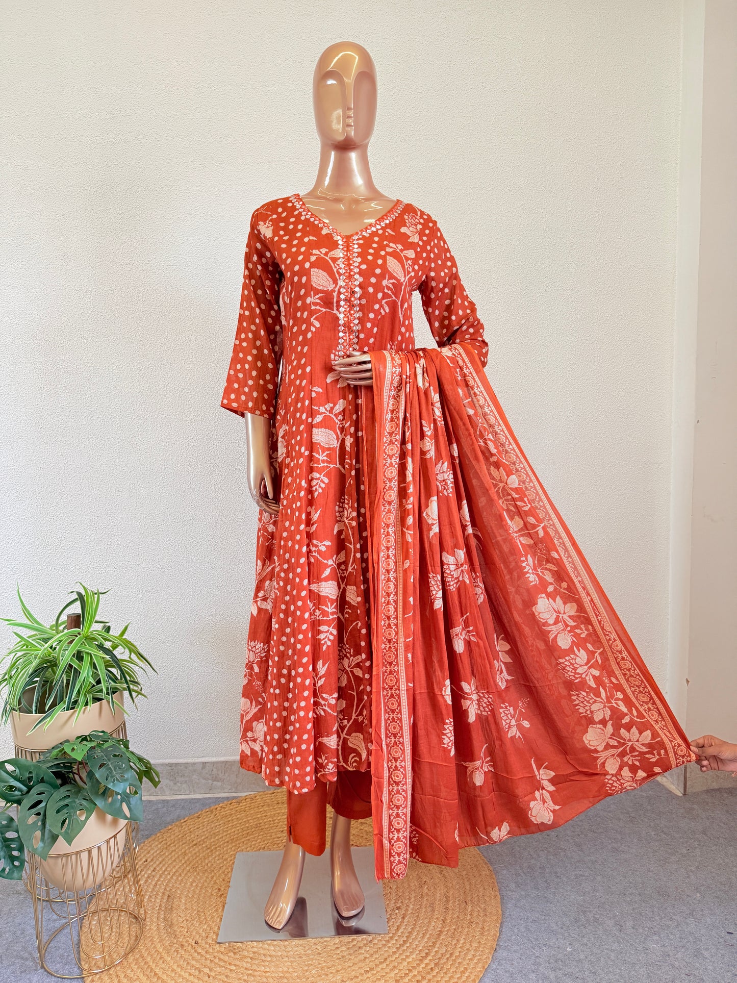 Mirror-Work Placket Anarkali Suit Set with Botanical Print Dupatta