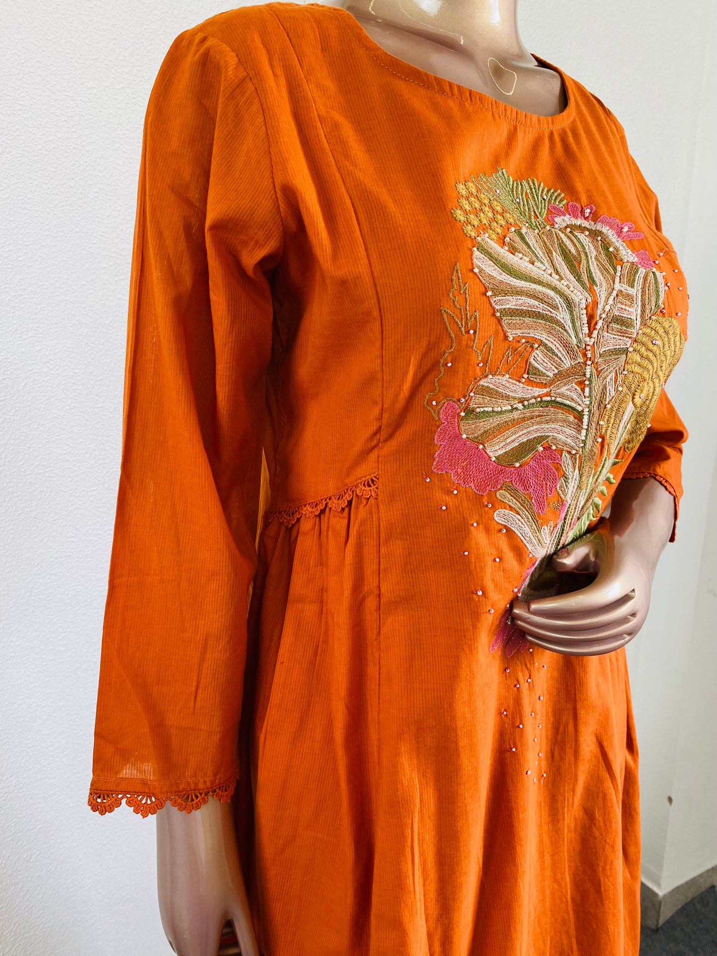 Embroidered Silly Cotton A-line Suit Set - Rust
