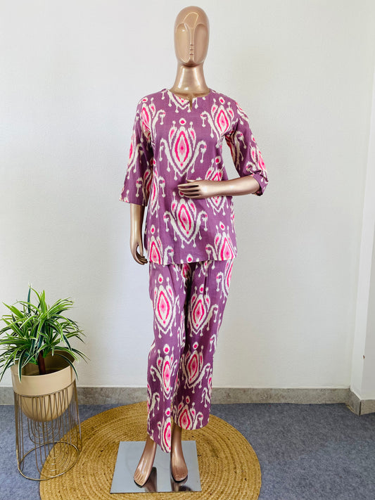 Ikkat Printed Cotton Lounge Wear - Lavender