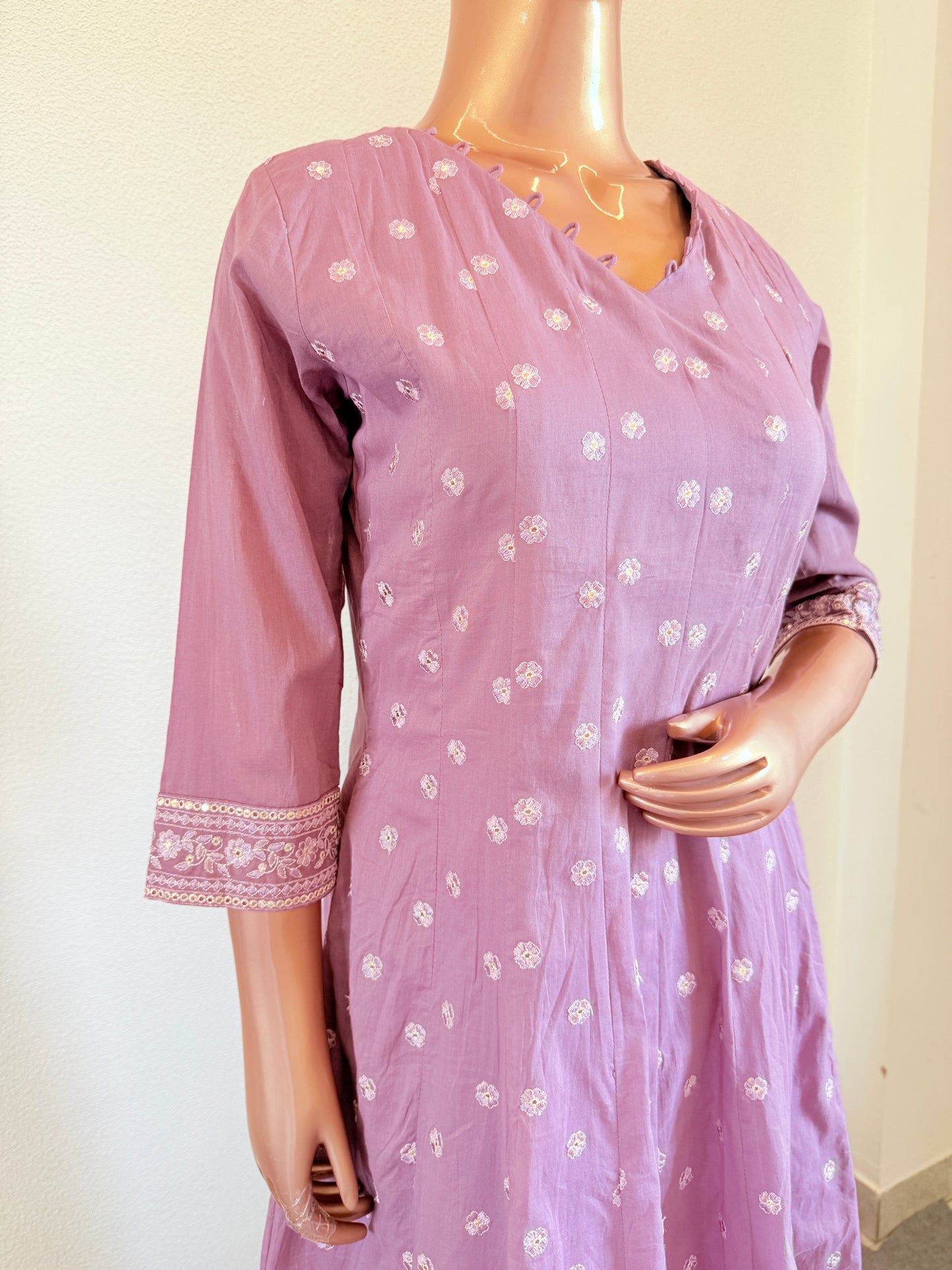 Embroidered Cotton Anarkali Set - Lavender