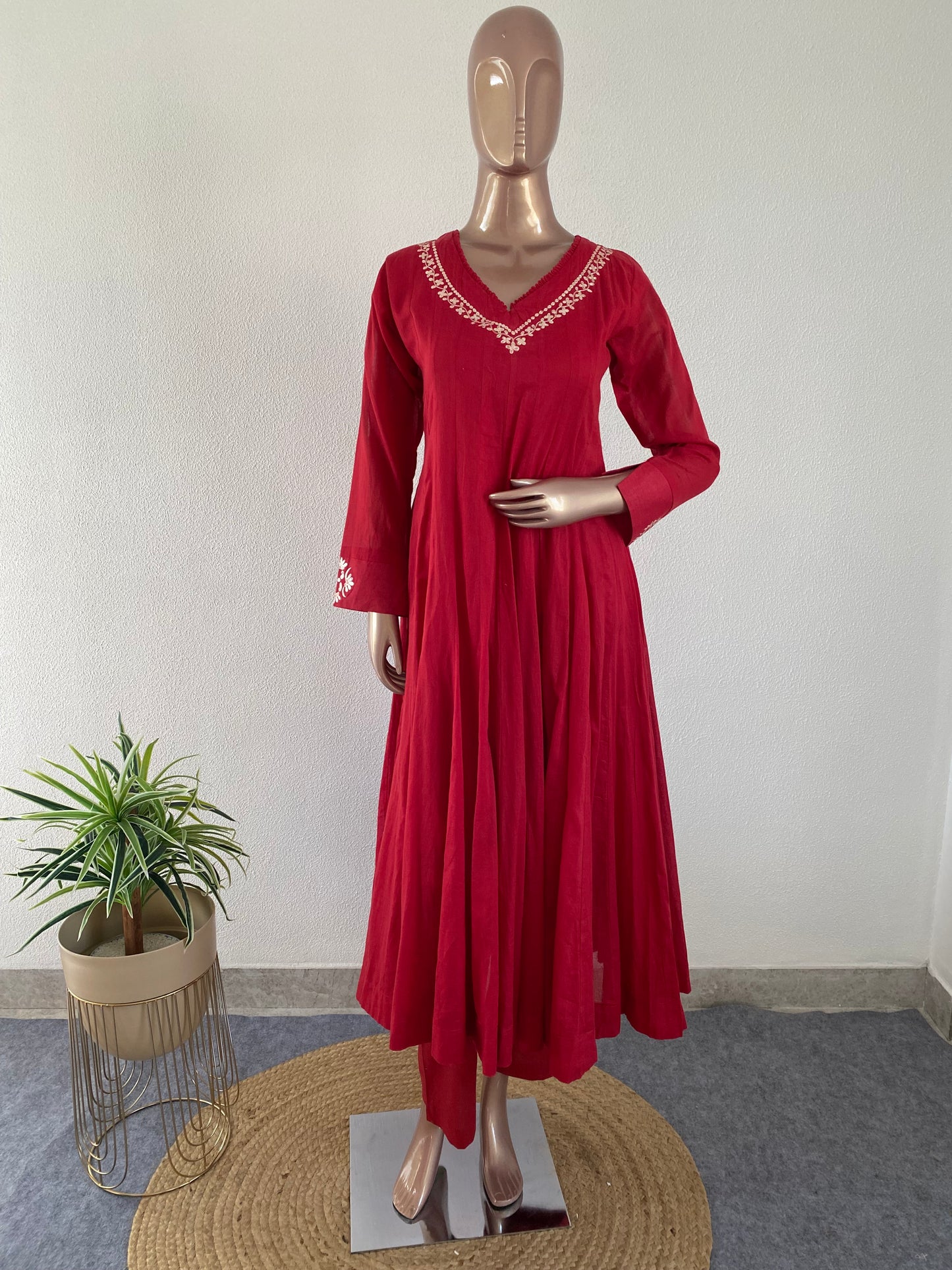 Pittan Work cotton Anarkali with Kota Doria Dupatta- Red