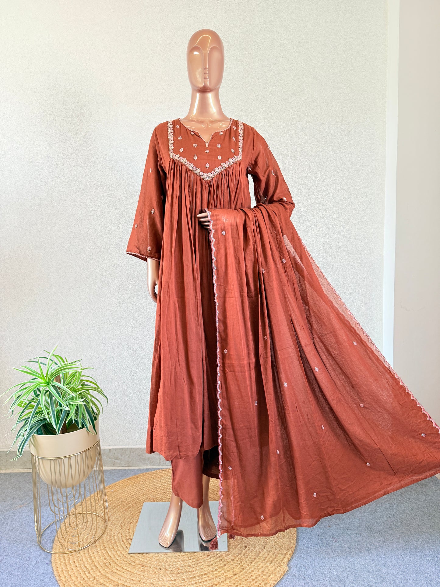 Mul Cotton Frock Suit with Zari Work - Brown