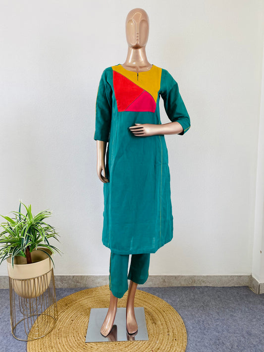 Color Block Linen Kurta Pant Set - Green