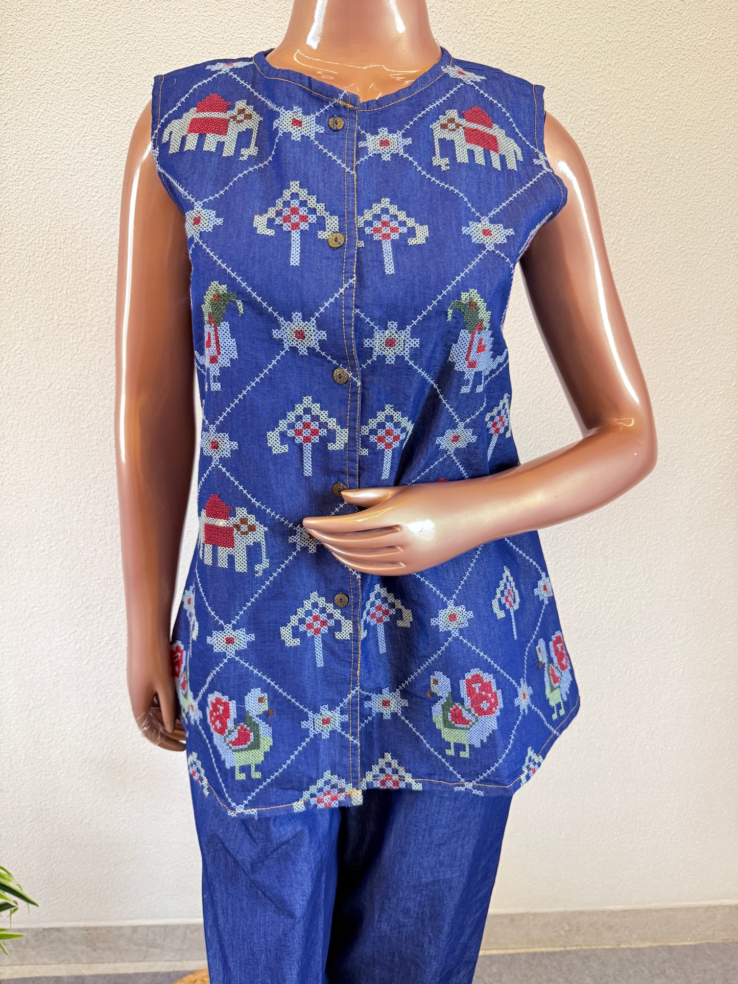 Patola Folk Embroidered Sleeveless Denim Co-Ord Set with Wide-Leg Pants