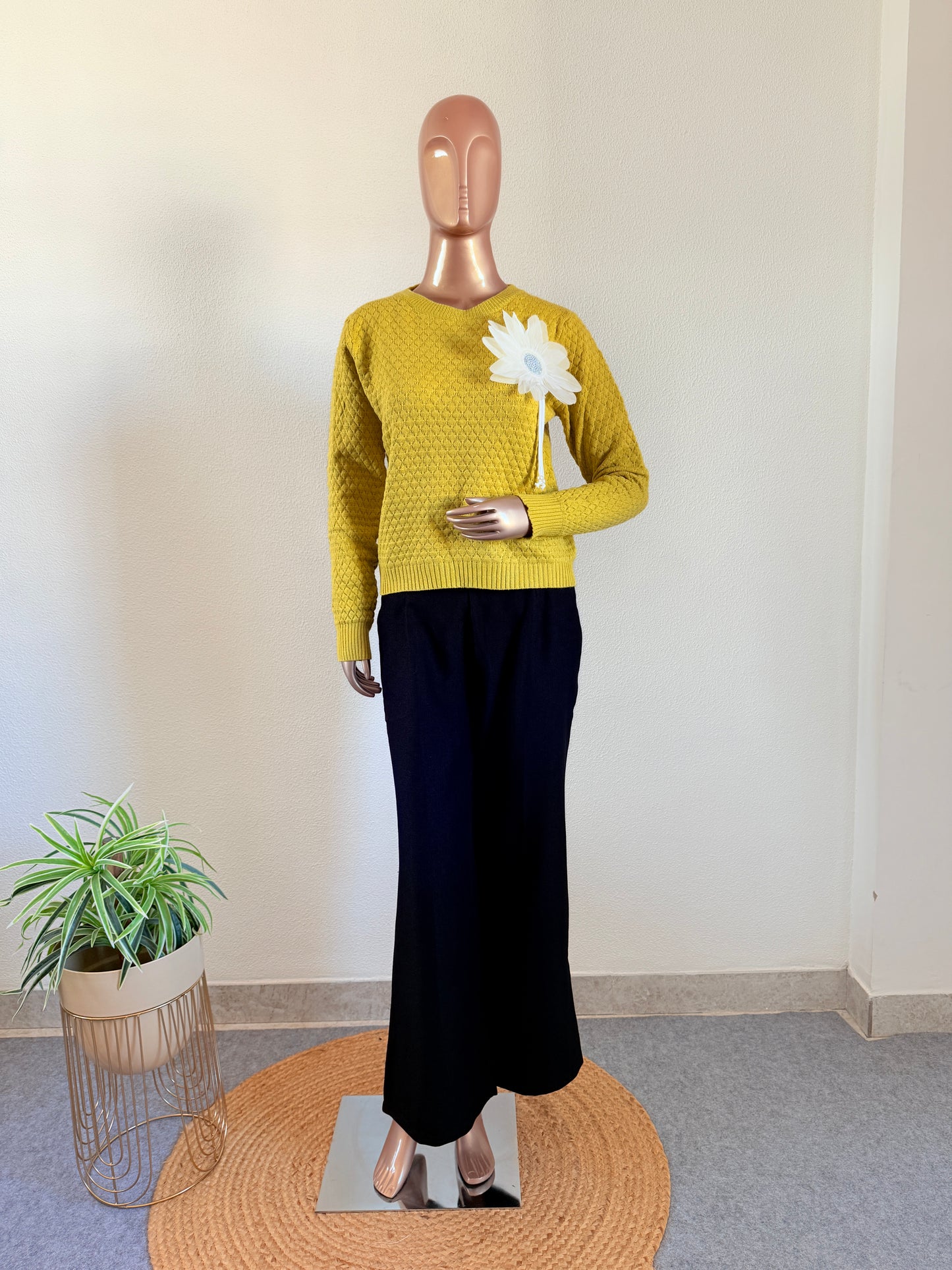 Woollen Top with Floral Patch- Hot Yellow