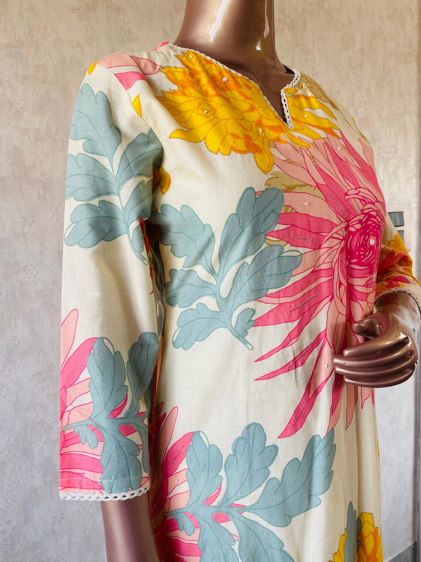 Pearl Work Floral Cotton Suit Set