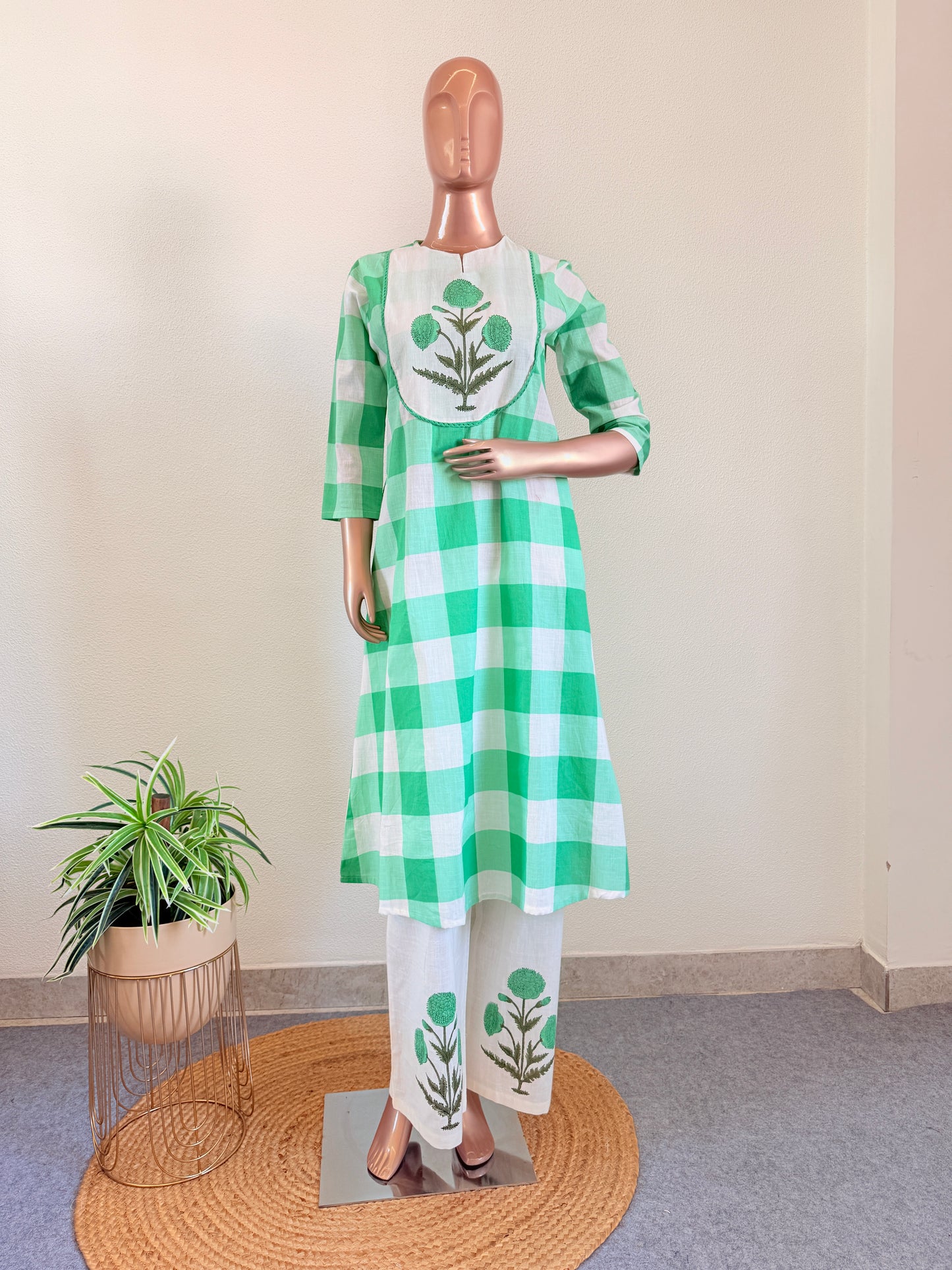 Check Print Cotton Suit Set -Mint