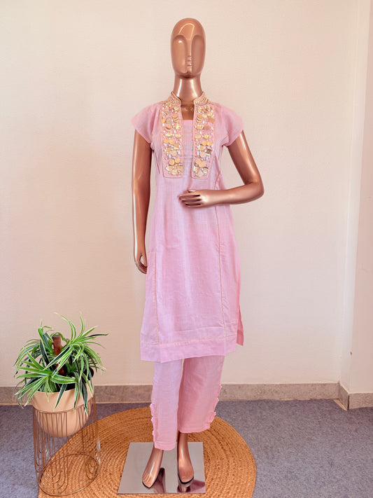 Pastel Pink Cap Sleeve Straight Kurti with Mirror-Embellished Panel and Trousers
