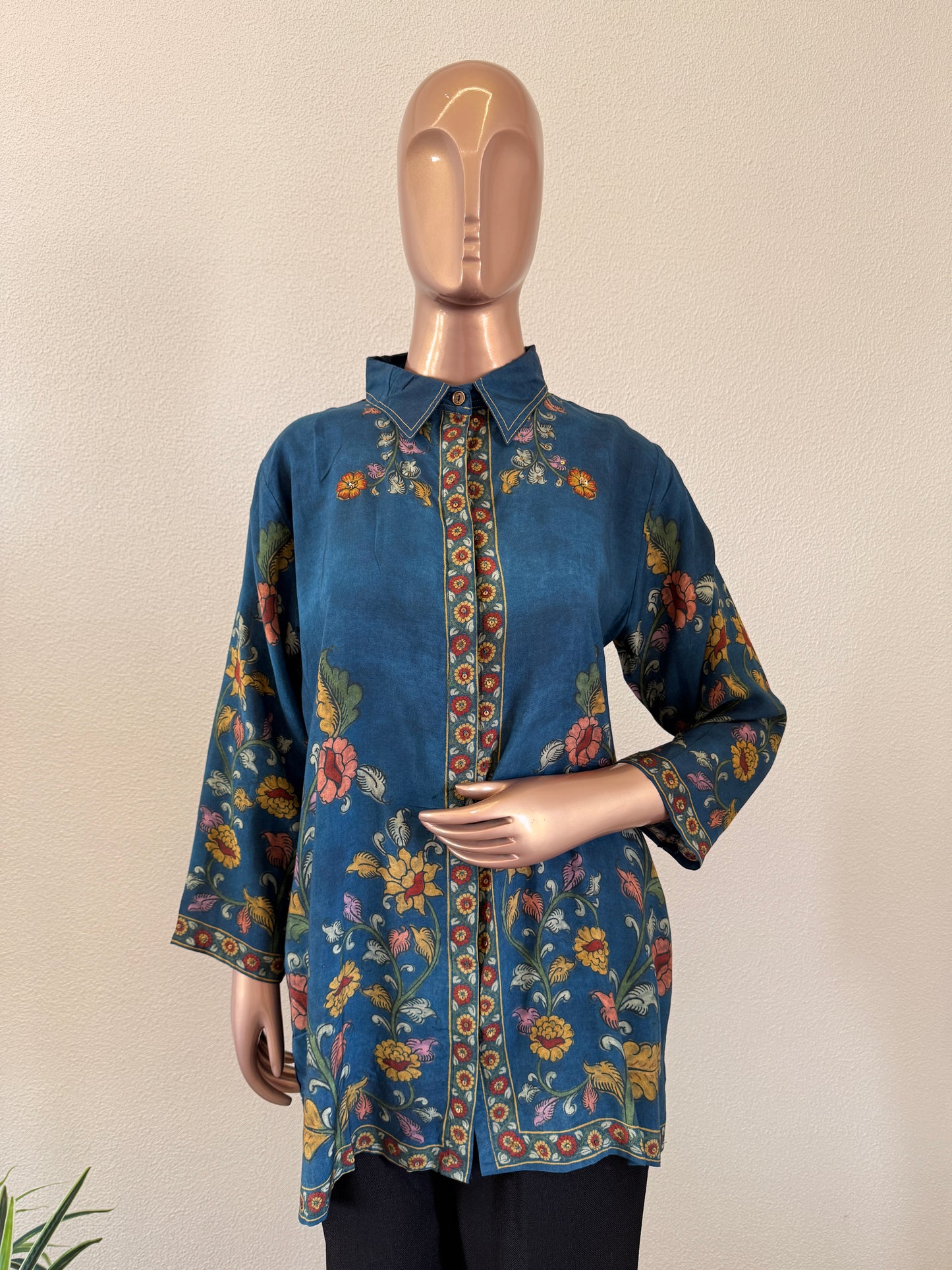 Kalamkari Print Muslin Shirt- Blue