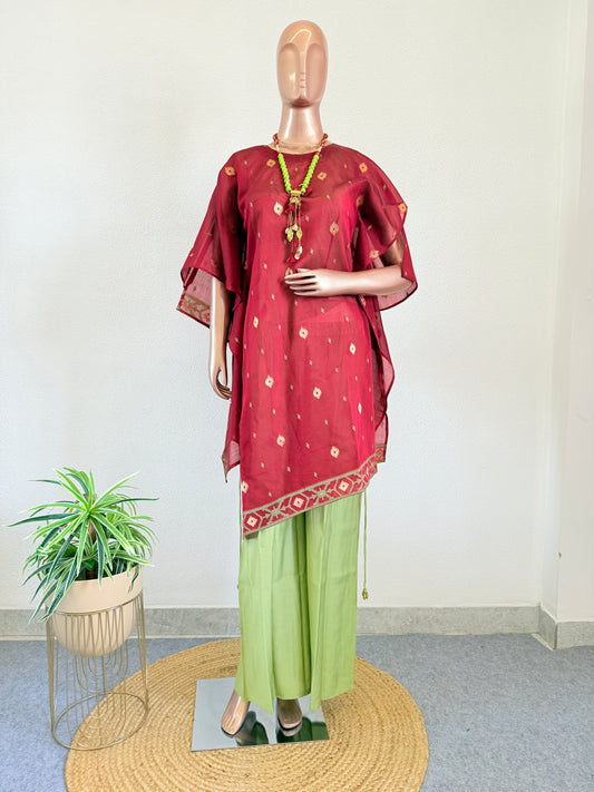 Chanderi Kaftan Indo Western with Neck Piece - Red