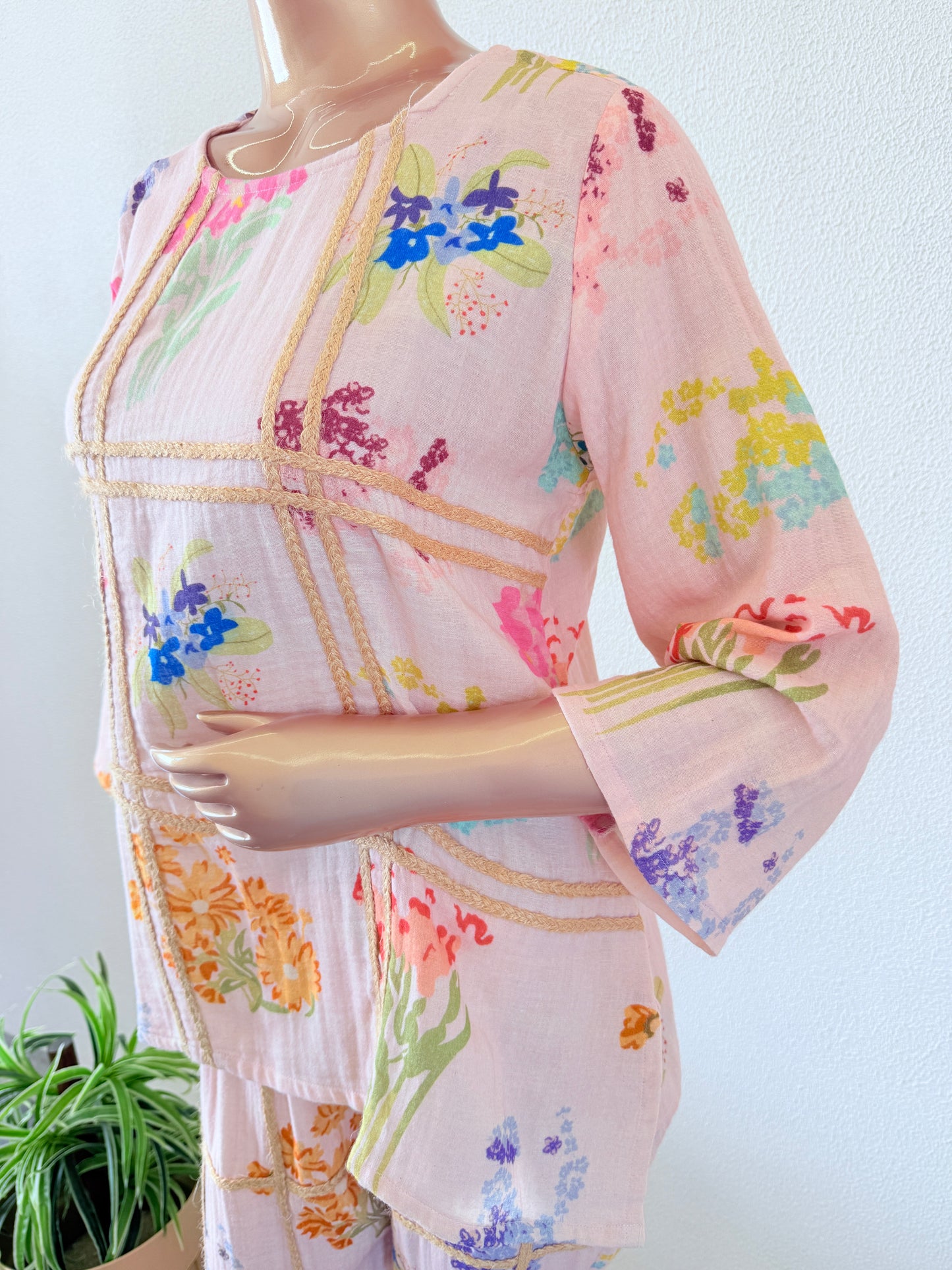 Pure linen Floral Coords with jute detail -Pink