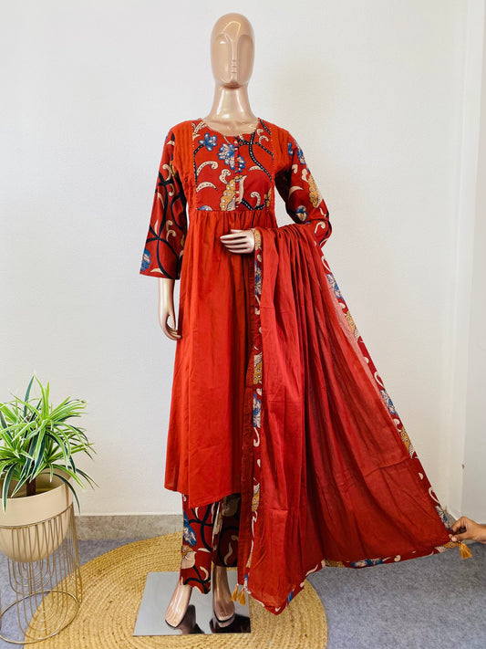 Cotton Frock Style Suit Set with Kalakari Print Details