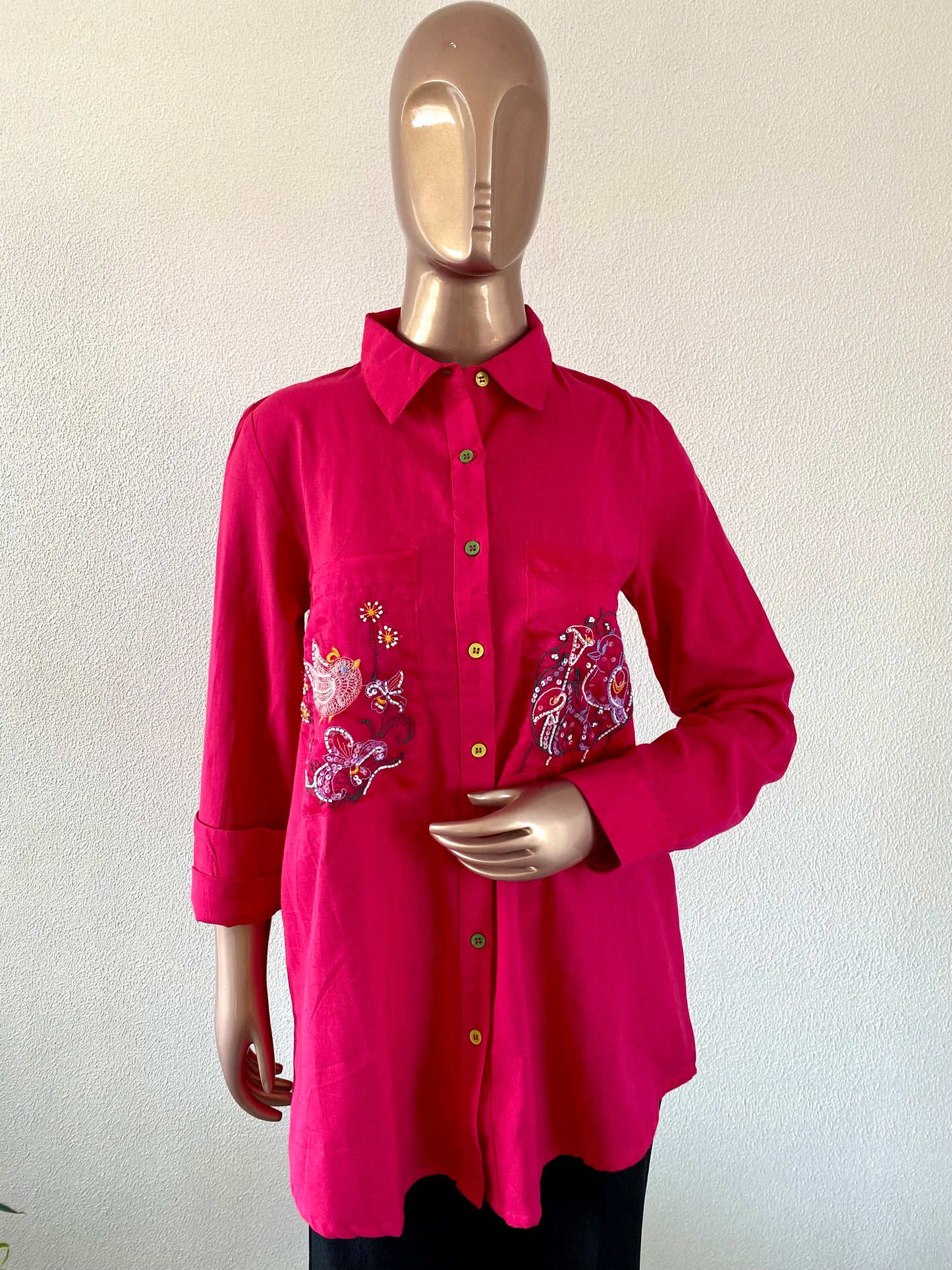 Pure Linen Shirt with Embroidered Organza Pocket