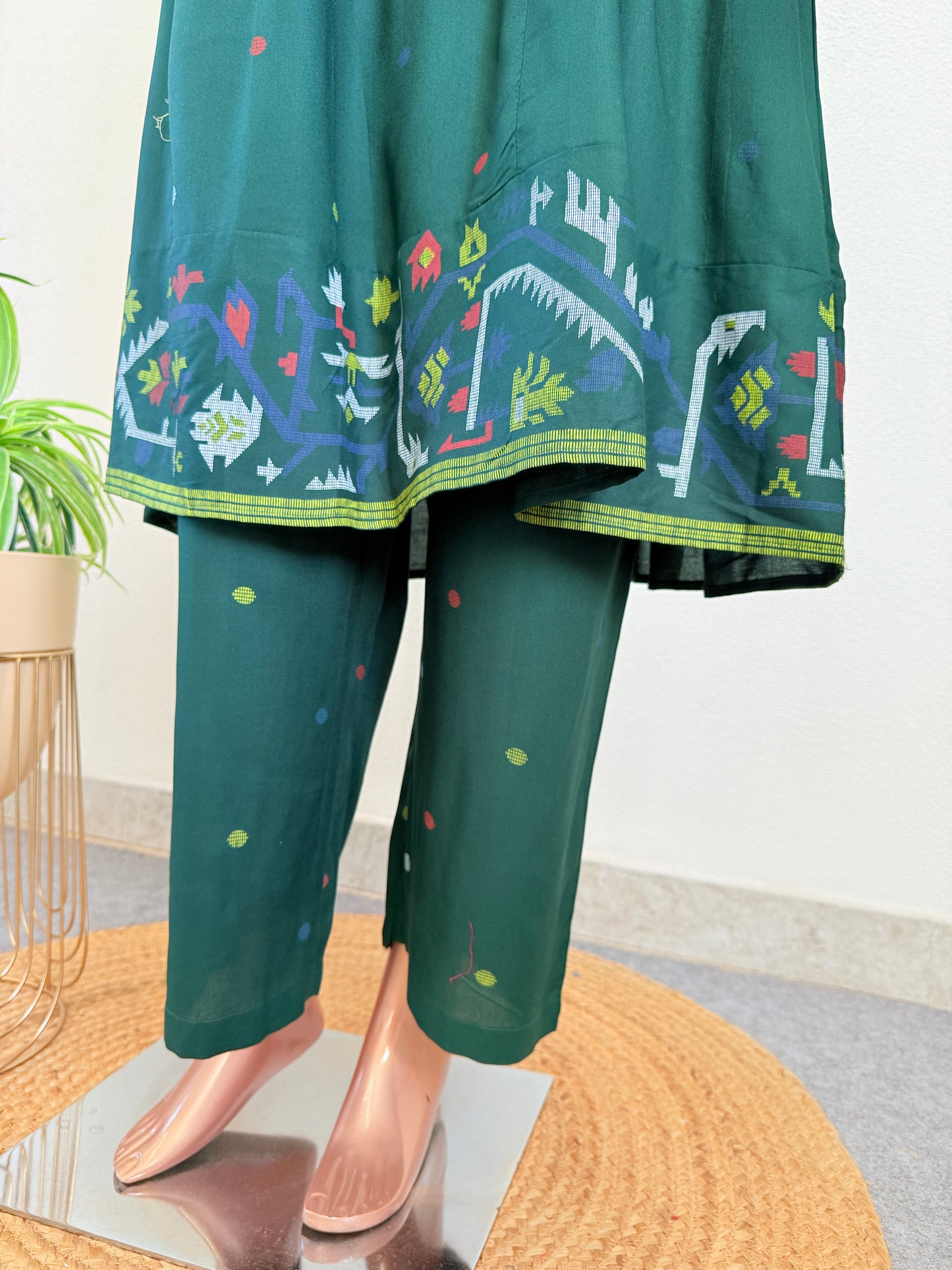 Deep Green Embroidered Round-Neck Kurti with Matching Printed Trousers