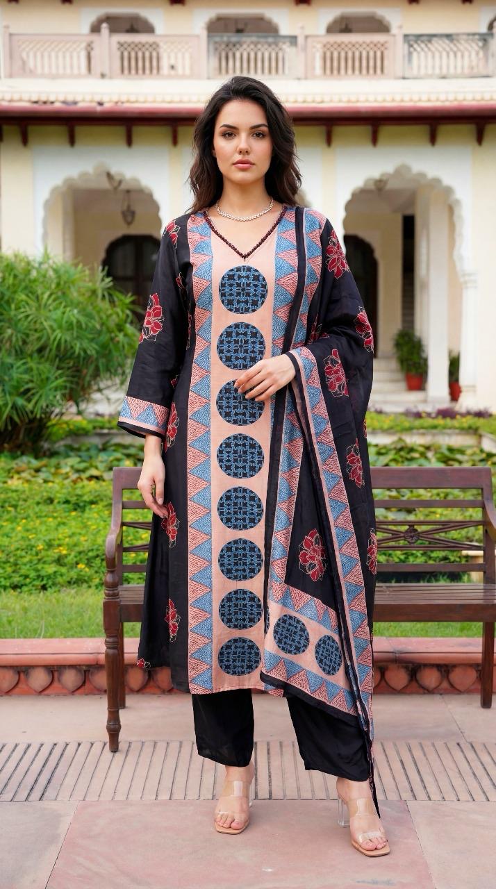 Ajrakh Print Silk suit with Organza Dupatta
