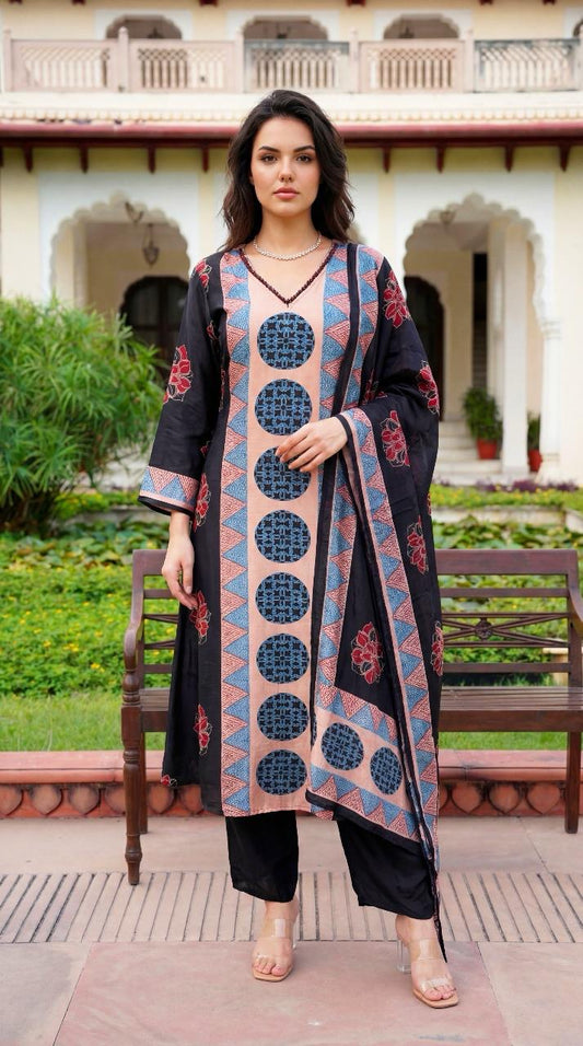 Ajrakh Print Silk suit with Organza Dupatta