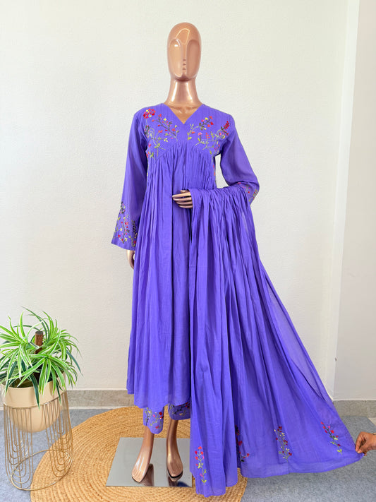 Malai Cotton Frock Suit Set with Hand Embroidery - Purple