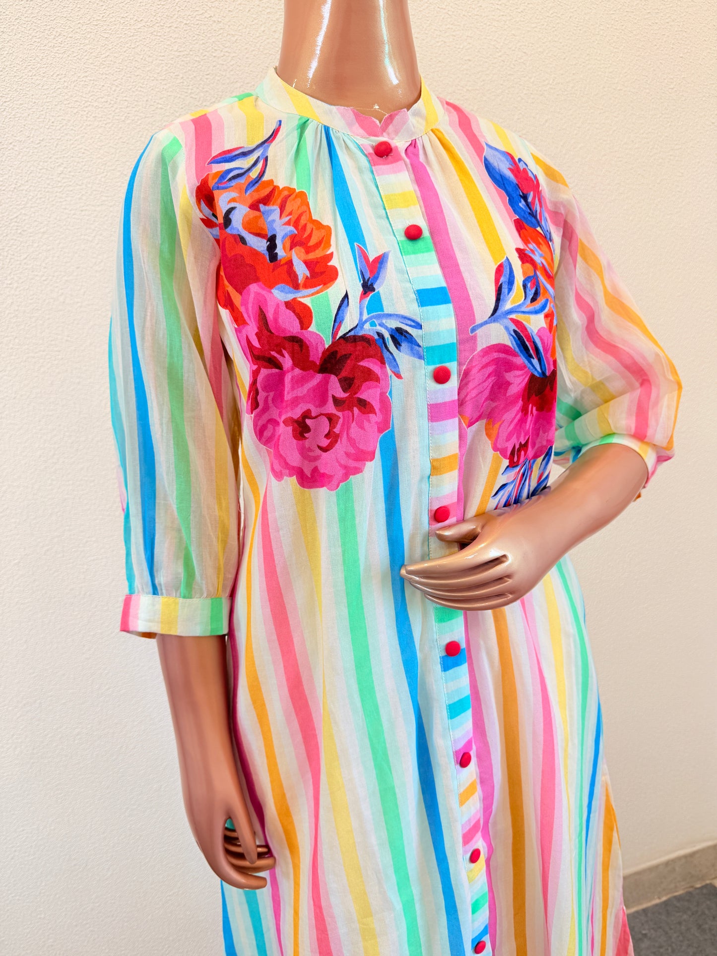 Mul Chanderi Kurta Pant with Strip & Floral Print in Candy Colors