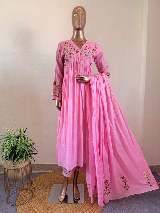 Malai Cotton Frock Suit Set with Hand Embroidery - Pink