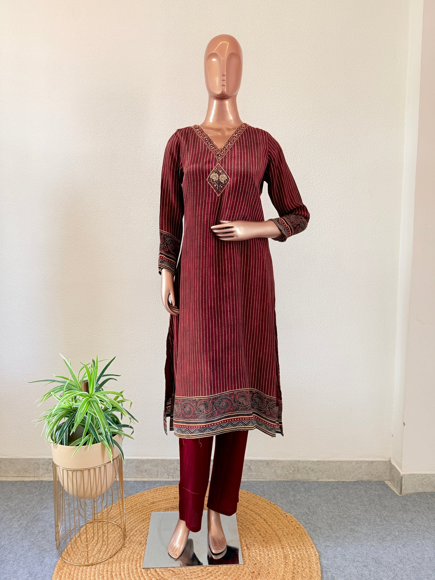 Ajrakh Digital Print Crepe Suit Set with V Neck Line