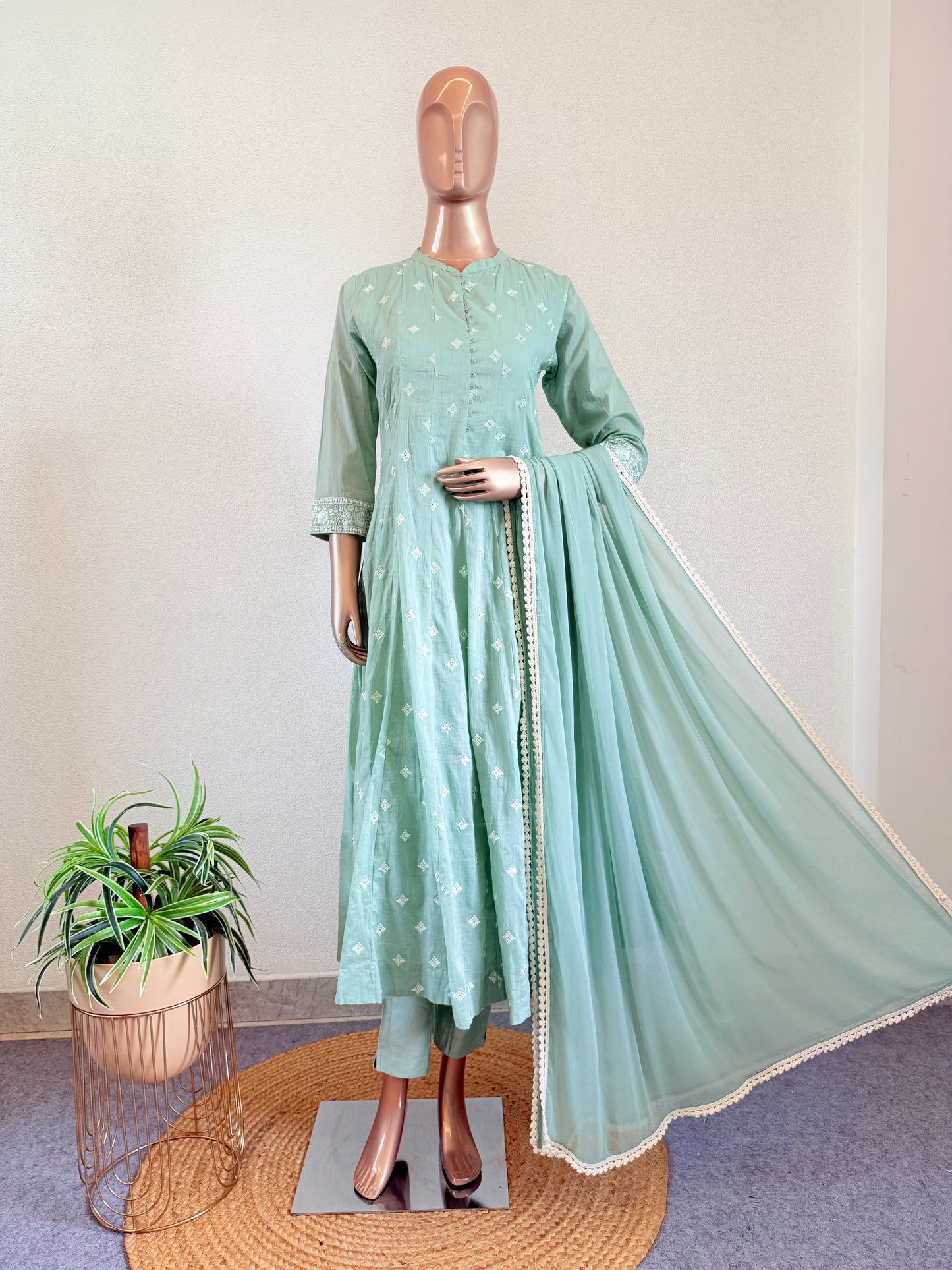 Embroidered Cotton Anarkali Set - Mint