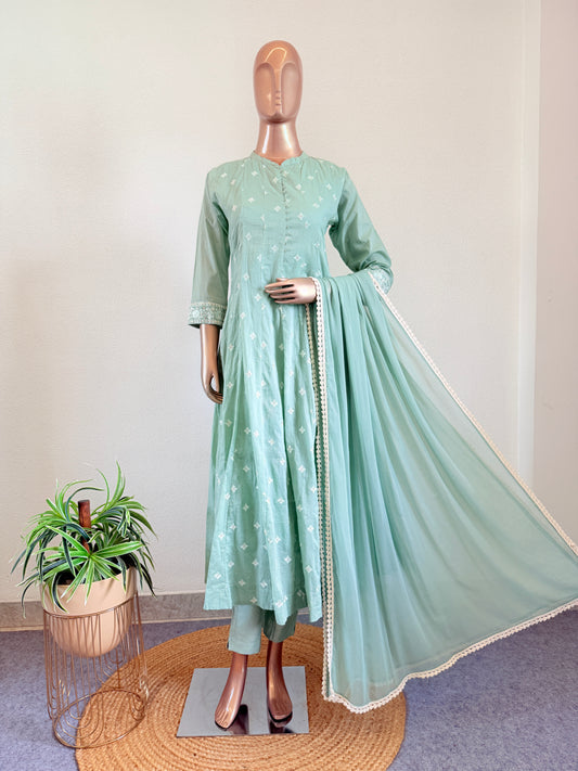 Embroidered Cotton Anarkali Set - Mint