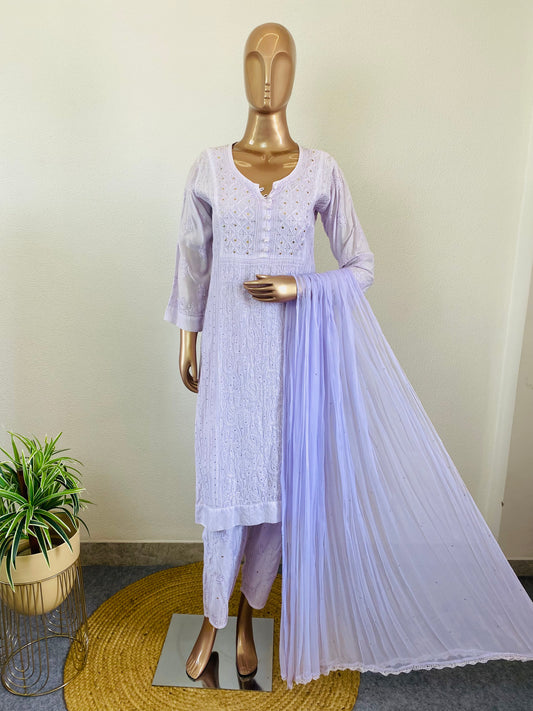 Muslin Lucknavi suit with Mukaish Work - Lilac