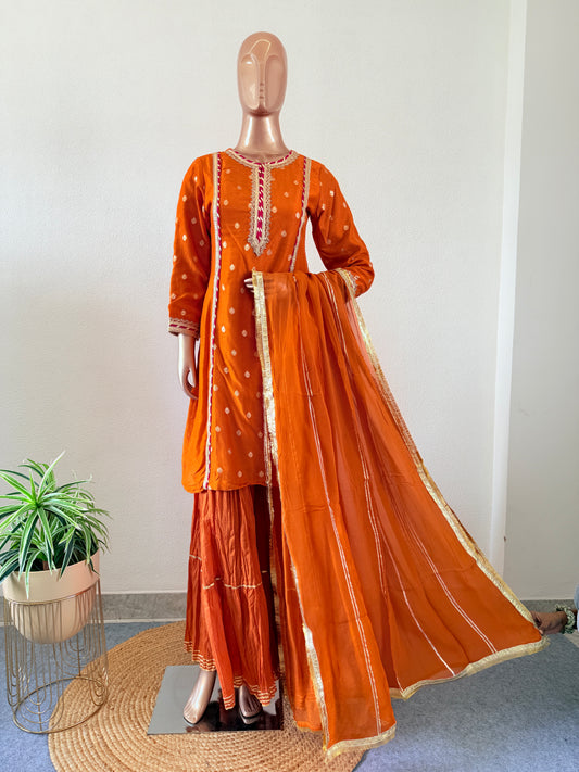 Silk kurta with crush cotton Palazzo & organza dupatta