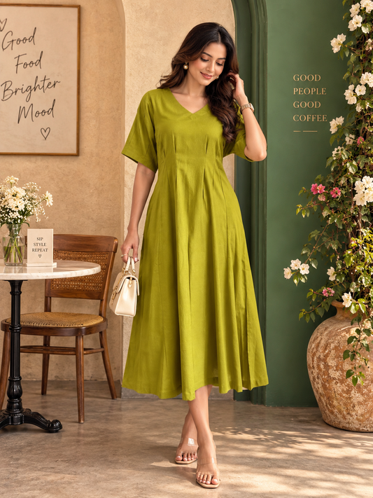 V-Neck Solid A-Line Flared Dress with Shoulder Pleats - Green