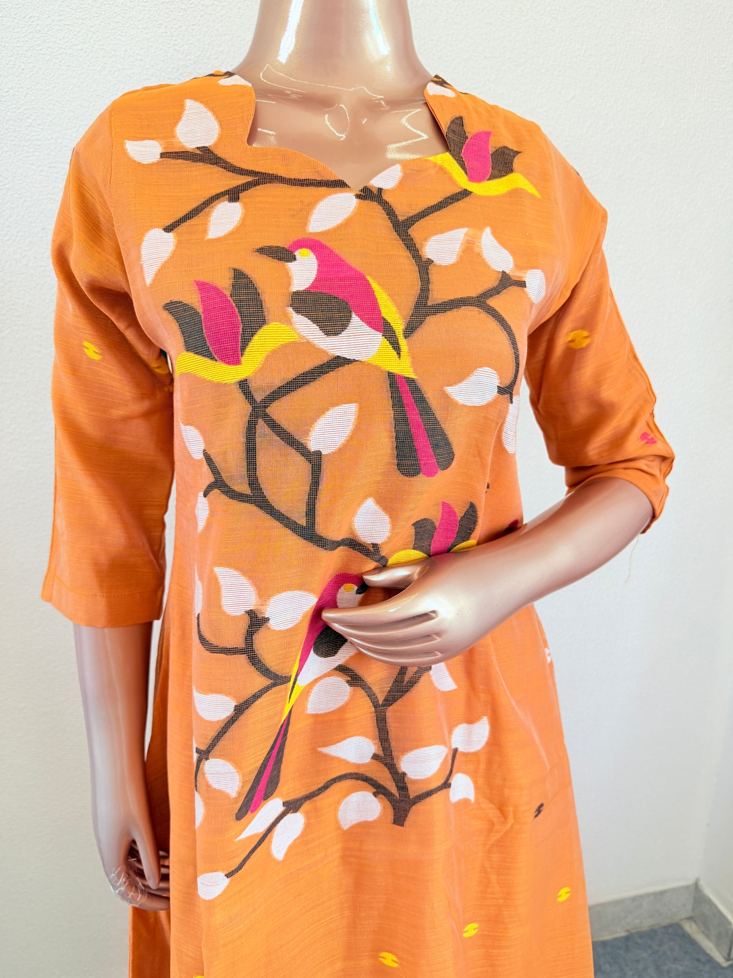 Jamdani A Line Suit Set with Scalloped Neckline- Orange