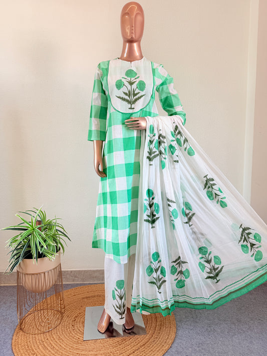 Check Print Cotton Suit Set -Mint